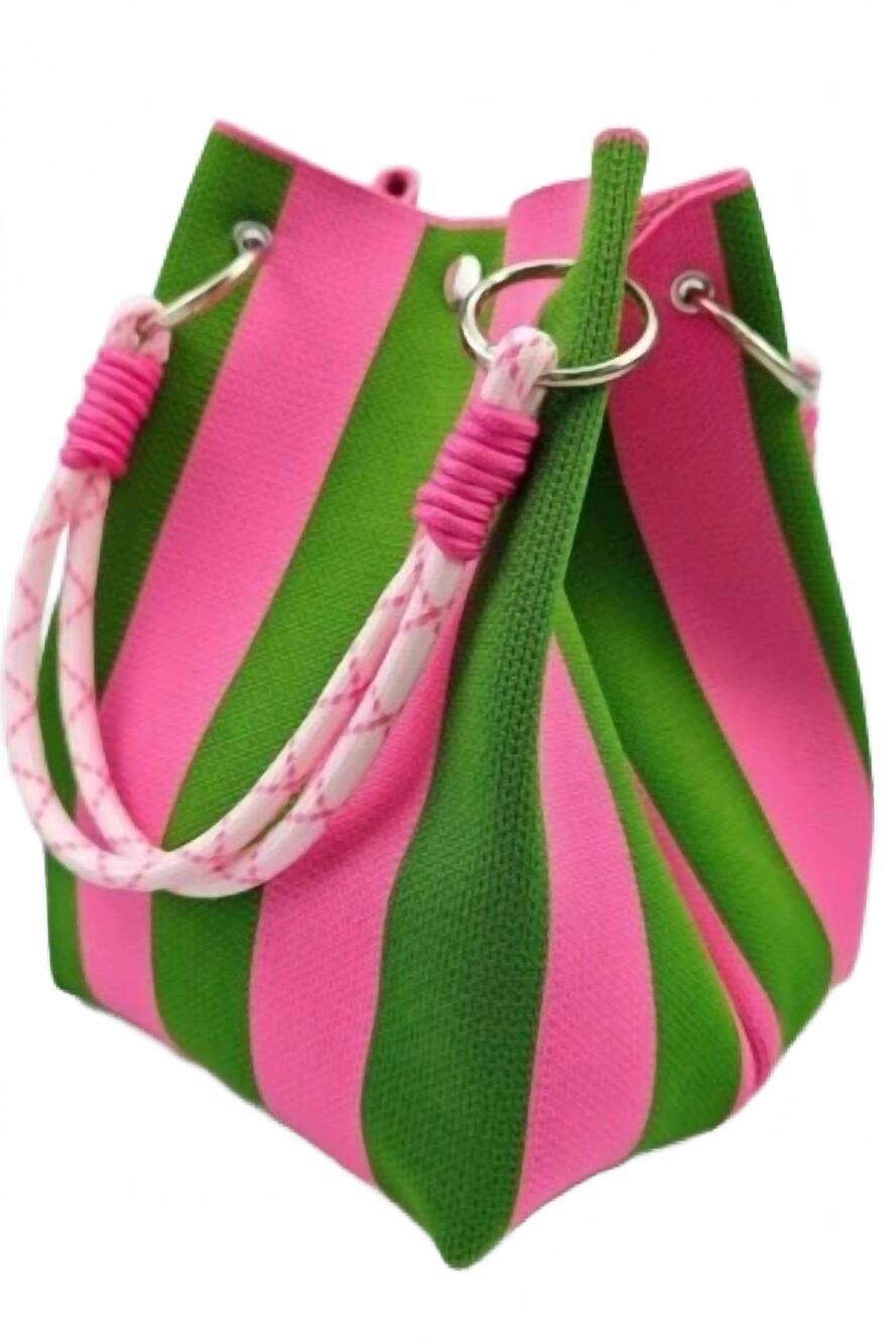 NEW SWAN MADCHEN women's striped ring clasp woven bucket bag in bubblegum pink